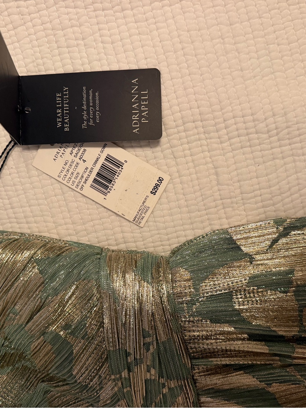 Adrianna Papell Leaf Print Off-The-Shoulder Foiled Knit A-Line Gown Dress - Picture 11 of 12
